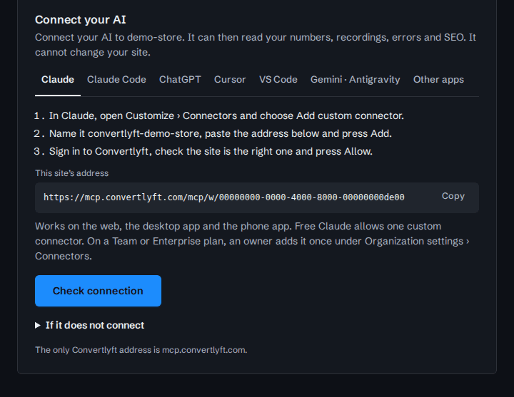 AI apps screen, dark theme, demo data: Connect your AI, a tab per app and the site's own address.