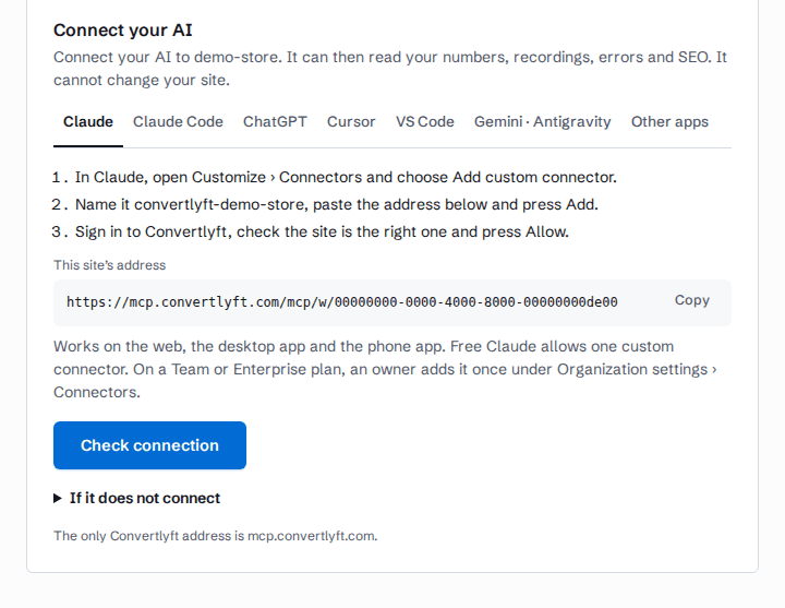 AI apps screen, demo data: Connect your AI, a tab per app, three steps and the site's own address.