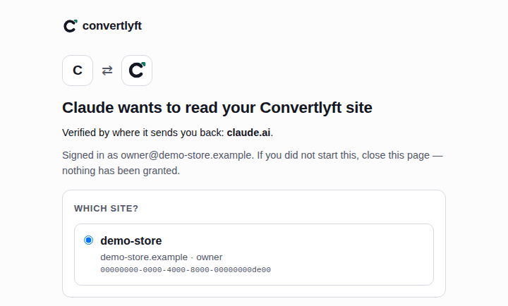 Consent screen, demo data: Claude wants to read your Convertlyft site; pick the site: demo-store.