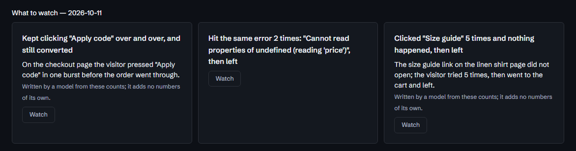 Recordings, dark theme, demo data: three visits to watch, each with a note.