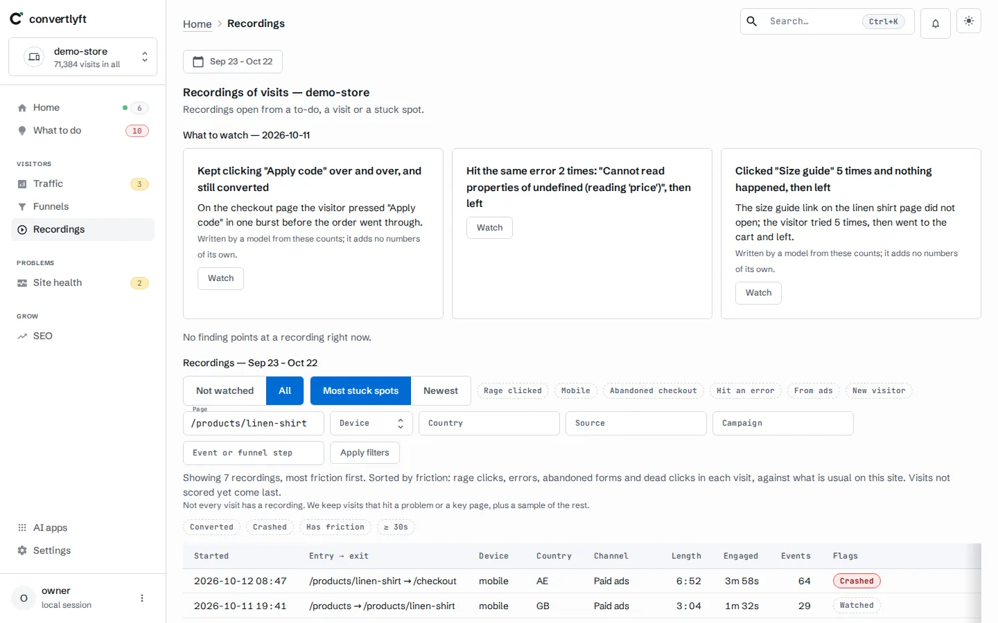 Recordings on demo data, opened from the funnel step that lost the most visits.