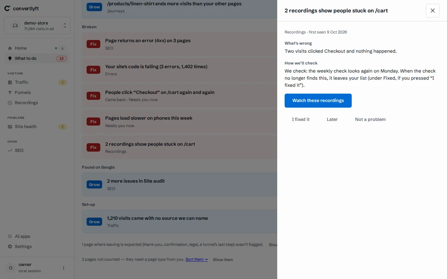 What to do on demo data: 2 recordings show people stuck on /cart.